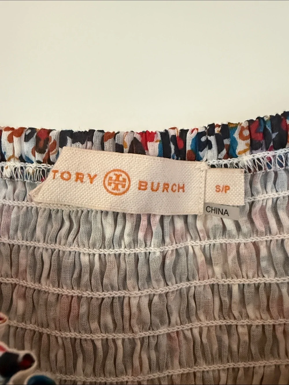 Tory Burch Navy Multi Floral Smocked Midi Dress with Tassel